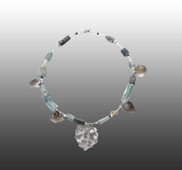 Bacchus necklace made by Suzette Watkins. Roman glass, sterling silver, copper and brass